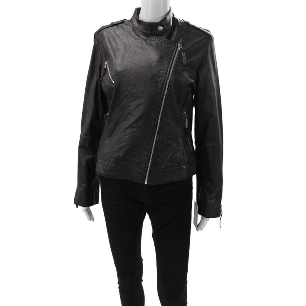 Bod & Christensen Women Biker Leather Motorcycle Jacket Black High Neck Size L
